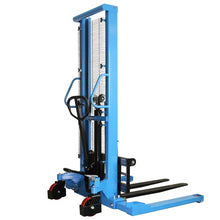 Load image into Gallery viewer, Manual pallet stacker has a minimum fork elevation of 1.4" and a maximum lifting height of 63".