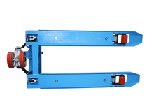 Load image into Gallery viewer, The covered reinforced forks on a manual pallet jack with an electric scale.