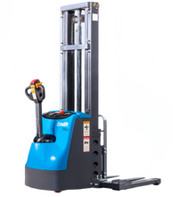 Load image into Gallery viewer, 3/4 view of the chassis side of the blue EOSlift electric stacker