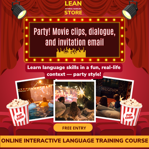 Online English course on party conversation, movie clips, and invitation email writing with certificate