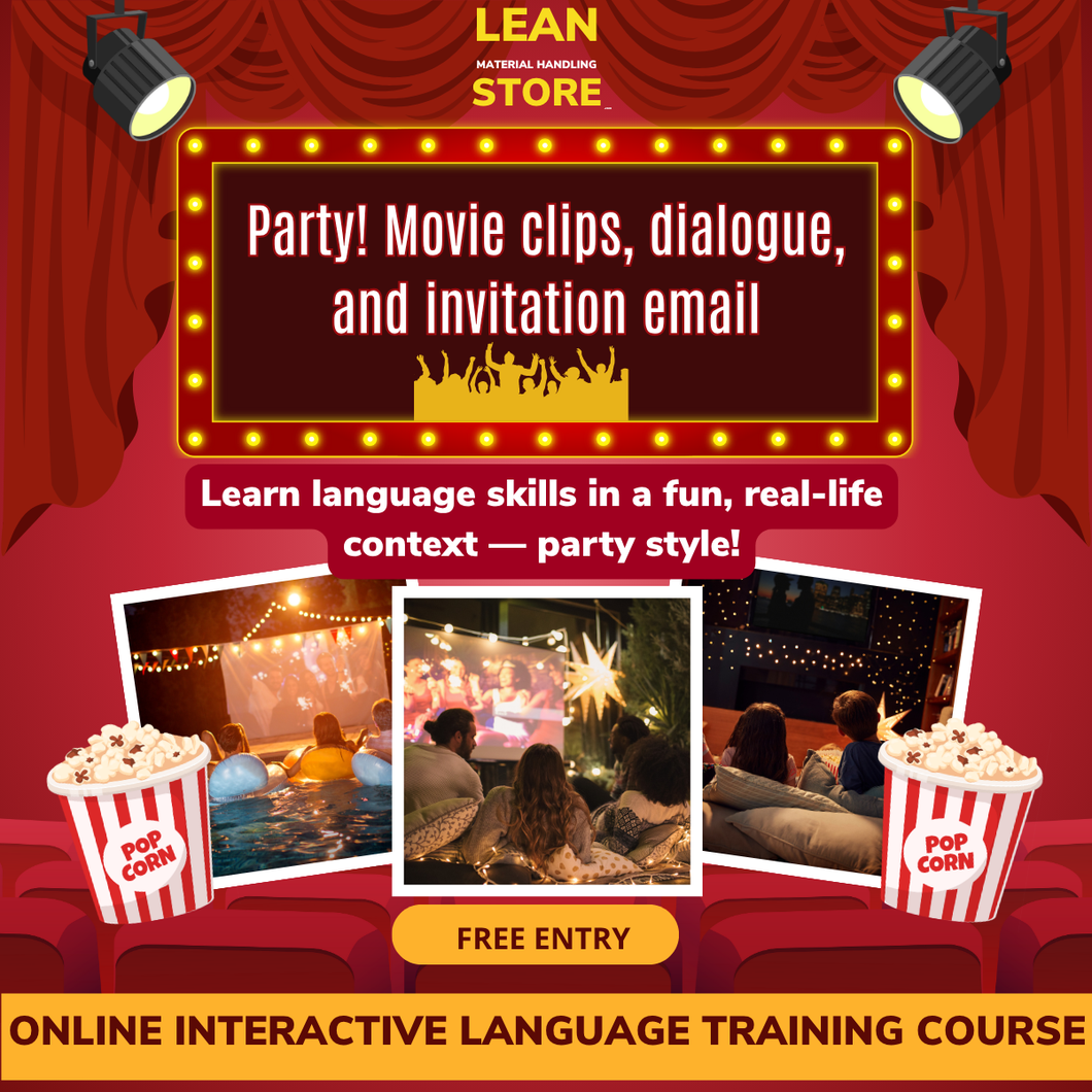 Online English course on party conversation, movie clips, and invitation email writing with certificate