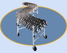 Load image into Gallery viewer, Expandable flexible conveyor with plastic nylon or steel wheels